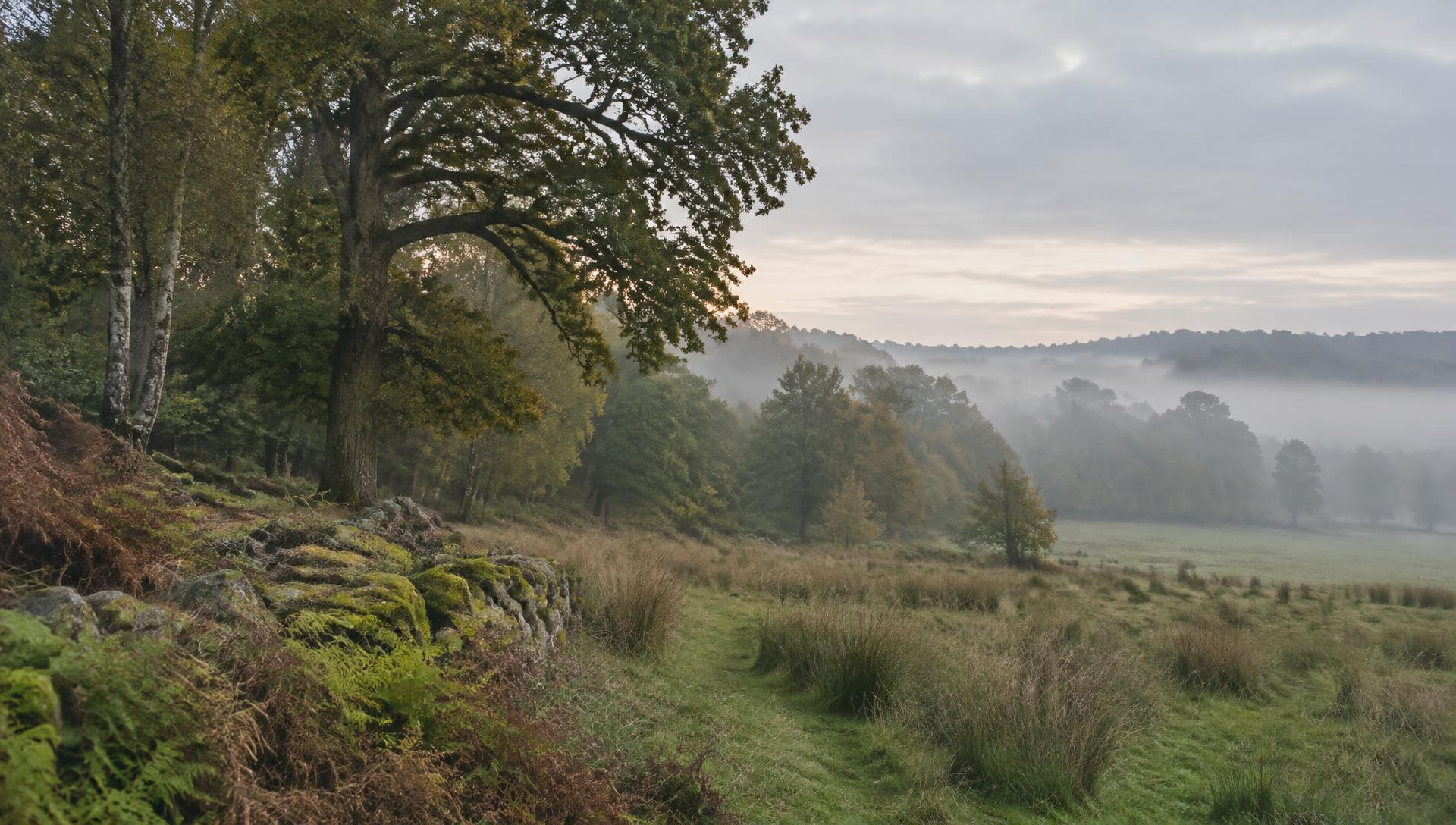 British broadleaf woodland meeting rough pasture at first light